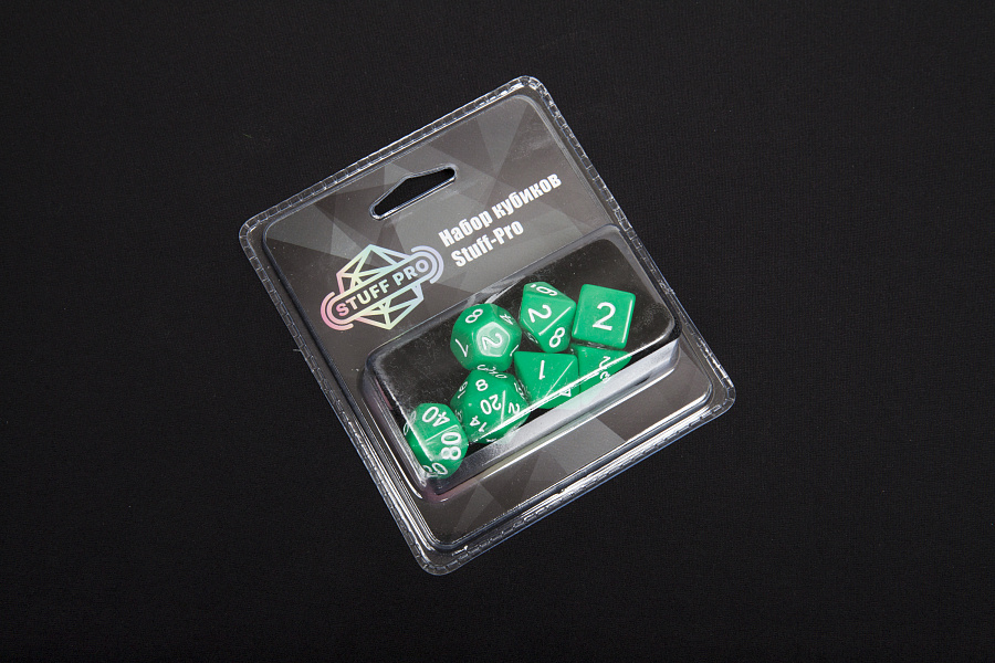DA0005  Набор из 7 кубиков для ролевых игр (зеленый) блистер с мешочком